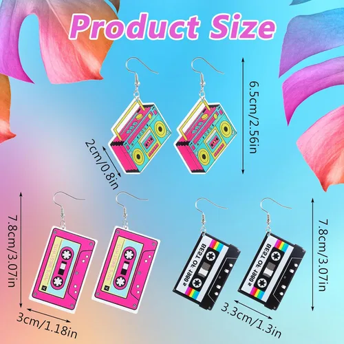 Vista 5 de 3 pares de aretes de cinta de casete vintage de los años 80 y 90 para mujer, aretes geométricos retro para trajes de los 80, cosplay, fiesta
