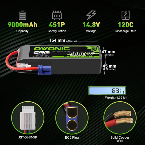 Vista 2 de OVONIC 4S LiPo Batería 14.8V 9000mAh 120C con enchufe EC5 para RC Car RC Truck Avión Helicóptero Barco Carreras RC Hobby (2 paquetes)