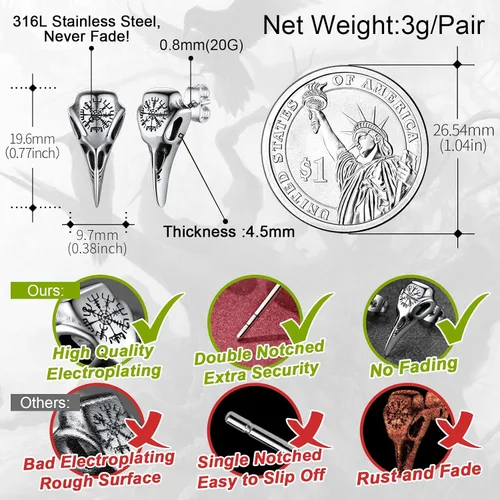 Vista 5 de FaithHeart Viking Raven Earrings for Men Sturdy Stainless Steel Punk Rock Earrings Lightweight Hypoallergenic Ear Jewelry with Gift Box