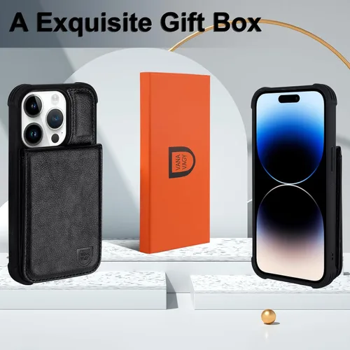 Vista 7 de VANAVAGY Funda tipo cartera compatible con iPhone 14 Pro Max para mujeres y hombres, de piel sintética, cierre magnético, con bloqueo RFID Negro