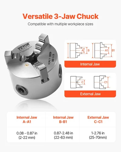 Vista 4 de VEVOR - Portabrocas para torno de 3 mandíbulas, 7,62 cm (80 mm), Portabrocas autocentrante, Rango de sujeción de 2-63 mm (0,08-2,48 pulgadas)