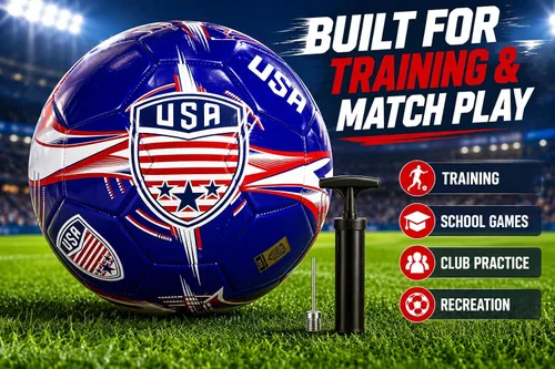 Vista 5 de CLASICO Balón de fútbol de Estados Unidos, tamaño 5, con base azul intenso y colores rojo y blanco, incluye bomba y aguja, para edades de 14 años
