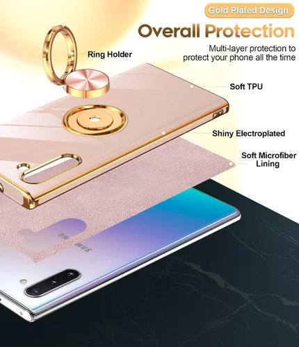 Vista 2 de LeYi Funda para Note 10 - Soporte de anillo giratorio de 360°, soporte magnético, funda protectora con borde de oro rosa chapado