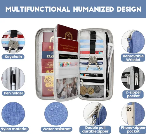 Vista 5 de Cartera para pasaporte soporte para pasaporte RFID con ranura para tarjeta de vacunación para familia mujeres y hombres organizador de documentos