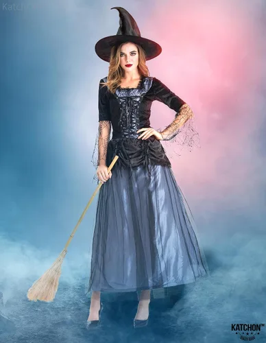 Vista 6 de KatchOn, Disfraz de bruja de Halloween para mujer, disfraz de bruja con sombrero negro Disfraces de brujas malvadas para mujer