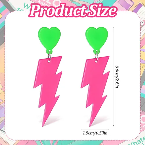 Vista 2 de Hot Pink 80s Earrings for Retro Party - Neon Lightning Bolt Heart Earrings for 90s 80s Halloween Costume - Acrylic Neon Earring Jewelry for Women