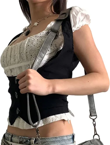 Vista 2 de Chaleco punk de vaqueras para mujer, ajuste delgado, halter, cuello en V, esmoquin, trajes versátiles, Vintgae Y2K Streetwear