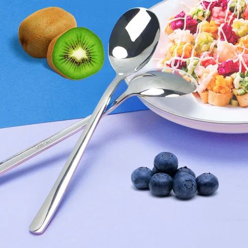 Vista 4 de Cucharas de sopa de mango largo, juego de 5, hojas voladoras de 7.9 in, cucharas redondas de acero inoxidable de 18/10, cucharas de comedor pesadas