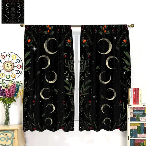 Vista 3 de Cortinas retro de luna, bosque mágico con hojas iluminadas por la luna, cortinas de plantas, diseño gótico floral de cielo estrellado para ventana