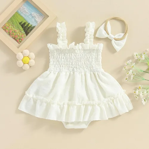 Vista 20 de Mameluco de verano para niña, sin mangas, vintage, con burbujas, vestido de mameluco lindo y diadema