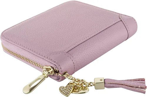 Vista 3 de Cartera con tarjetero RFID para tarjetas de crédito, de cuero, con cremallera, para mujer, 40 ranuras para tarjetas, Púrpura, Compacto