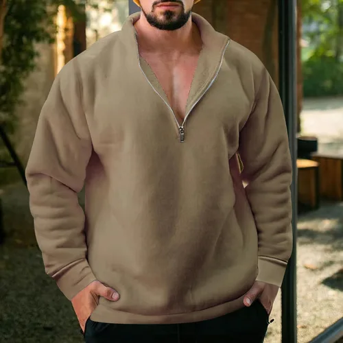 Vista 3 de chouyatou Sudadera casual con cremallera de un cuarto para hombre, con forro polar, cuello cadete, para otoño e invierno
