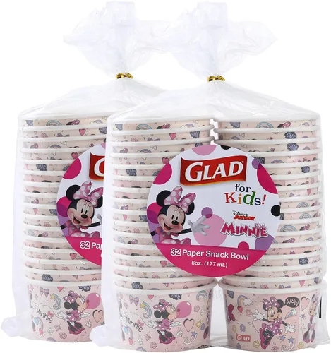 Vista 7 de Glad para niños Disney Mickey y amigos, cuencos desechables de papel para aperitivos, sin tapas, Minnie rosa - resistente, apto para microondas