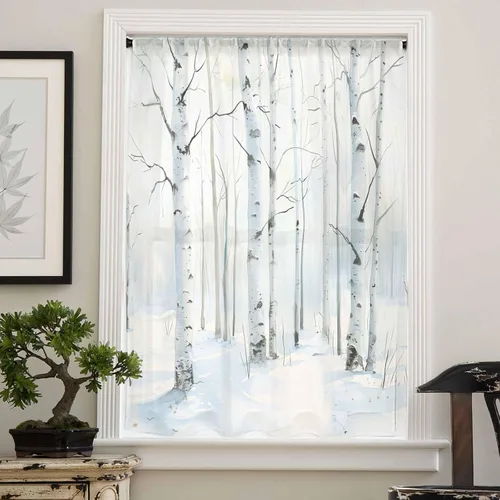 Vista 4 de Cortinas semitransparentes de abedul blanco para sala de estar, dormitorio, puertas francesas, ventana de 63 pulgadas de largo, acuarela, invierno