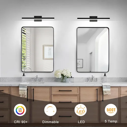 Vista 3 de IZORRO Moderna lámpara de tocador de baño de 16 pulgadas, giratoria, 12 W, regulable, lámpara LED sobre el espejo, barra de luz negra para tocador