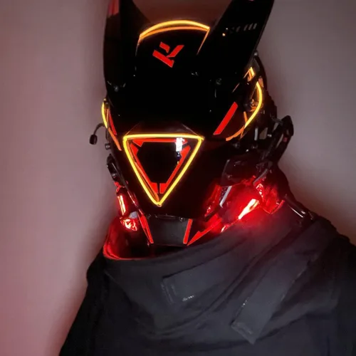 Vista 2 de Cyberpunk Máscara Mecha Casco futurista Techwear Halloween cosplay, máscara cibernética LED roja para hombres y mujeres