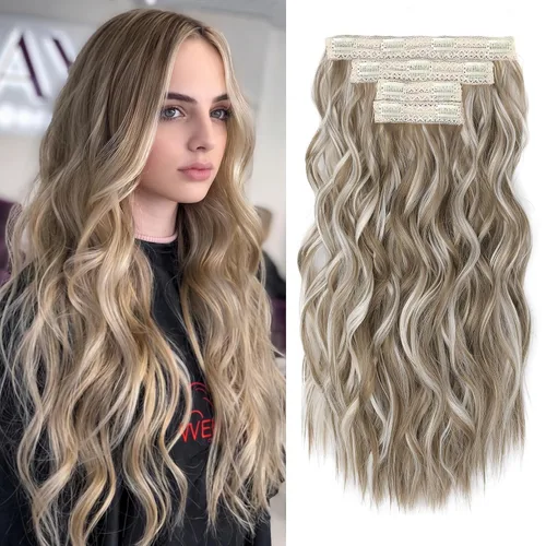 Vista 11 de REECHO Extensiones de cabello con pinza, 4 piezas de extensiones de cabello rubio de 24" de largo, ondas de playa gruesas, HE003, trama de encaje