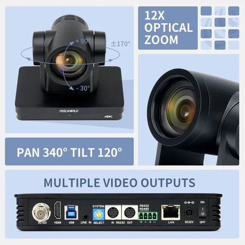 Vista 2 de FEELWORLD UHD4K12X 4K PTZ Cámara USB POE 12X Zoom óptico Pan Tilt Zoom, AI Auto Tracking Fcous SDI HDMI IP Control remoto para transmisión en vivo