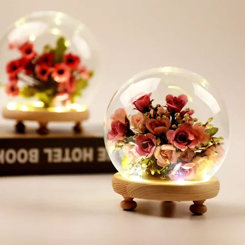 Vista 6 de Cúpula redonda de cristal Cloche Ball Jar Exhibición de mesa con base de madera Diámetro 4.7 pulgadas