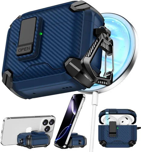 Vista 10 de Pohgelan - Funda compatible con AirPods Pro 2ª/1ª (verde) Cerradura magnética automática con kit de limpieza, compatible con Magsafe