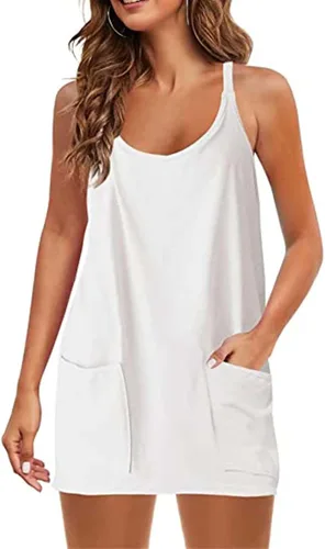 Vista 4 de Wyeysyt Women's Tennis Dress Workout Mini Dress and Shorts Sleeveless Spaghetti Straps Athletic Short Dresses with Pockets