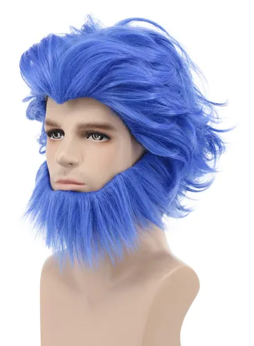 Vista 2 de karlery Peluca de bigote azul de onda corta para hombre, peluca de cosplay