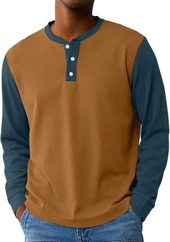 Vista 9 de Camisas de manga larga Henley con bloques de color para hombre, estilo casual, con botones, clásica, suave, transpirable
