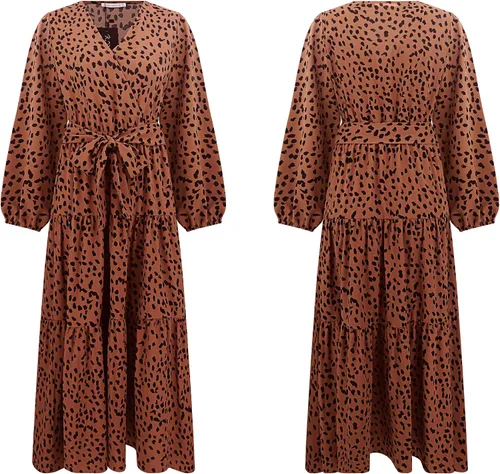 Vista 6 de R.Vivimos Vestidos casuales de otoño de manga larga para mujer, cuello en V, lunares, escalonados, volantes, vestido midi fluido con cinturón
