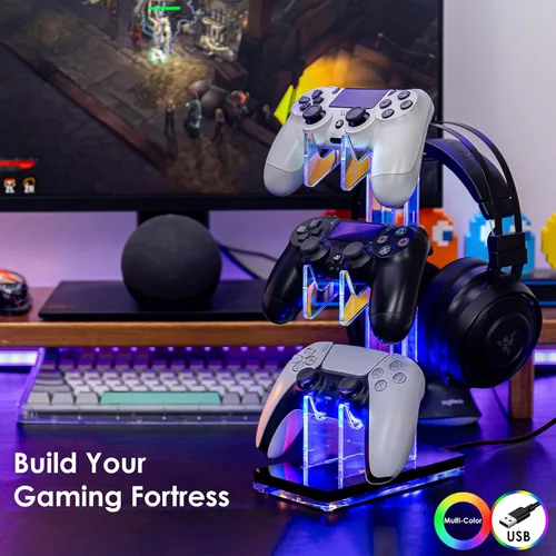 Vista 55 de OAPRIRE Headset and Controller Stand with Lights, 2 Tier Acrylic Game Controller Holder, Controller and Headset Stand for Desktop,Universal Design