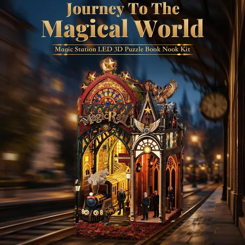 Vista 3 de Rompecabezas de madera 3D, kit de rincón de libro, estación de tren mágico with LED Lights & Music, Miniature Wood Puzzle Kits Bookshelf Decor