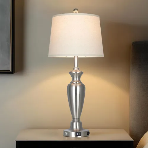 Vista 9 de Juego de 2 lámparas de mesa de metal plateado de 26 pulgadas para dormitorios, lámparas de noche con control táctil para mesita de noche con puerto