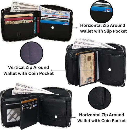 Vista 5 de Cartera de piel auténtica con triple pliegue y cremallera alrededor para hombres Horinzontal Cartera vertical con cremallera y tarjetero Regalo