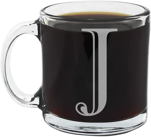 Vista 31 de Spotted Dog Company Taza de café de vidrio transparente con monograma grabado de 12 onzas (letra A), regalos de café personalizados de la A a la Z