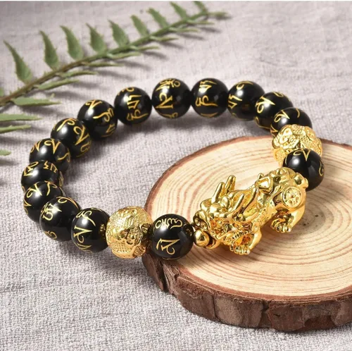 Vista 2 de SHOP LC DELIVERING JOY Feng Shui Wealth Bracelet for Men Women, Beads Stretchable Good Luck Bracelet Gold Plated Dragon Lucky 6.50" Birthday