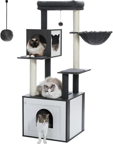 Vista 12 de PETEPELA Árbol para gatos de 56.7 pulgadas con caja de arena, torre grande de madera para gatos de interior con armario de almacenamiento y acogedor