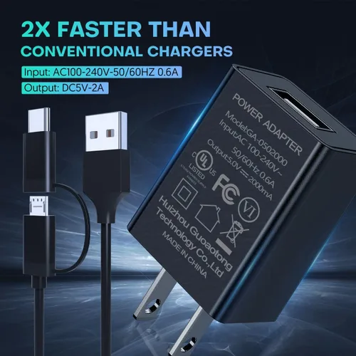 Vista 3 de Cargador rápido compatible para Fire, adaptador de CA con certificación UL, cargador rápido de 2A con cable micro USB de 6.6 pies para tablet Fire 7