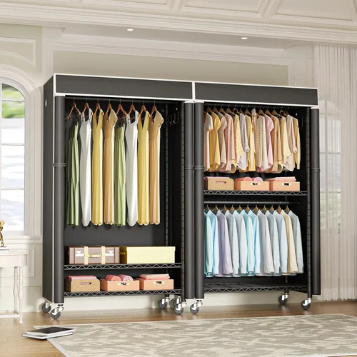 Vista 4 de FUTASSI Perchero para ropa con cubierta, armarios rodantes P1C con ruedas, perchero de metal para colgar ropa, armario de almacenamiento de ropa