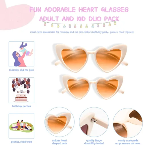Vista 15 de Lentes de sol de moda con forma de corazón rosa para hombres y mujeres, paquete dúo de lentes retro para mamá y yo