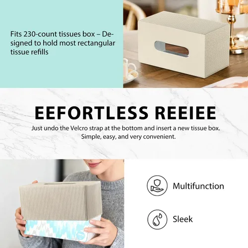Vista 4 de Funda rectangular grande para caja de pañuelos con cinturón inferior, se adapta a 230 unidades Kleenex, moderno soporte dispensador de pañuelos