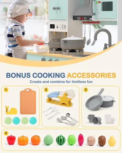 Vista 4 de Babytronic Juego de cocina de madera, cocina de simulación con luces y sonidos para niños de 3 años en adelante, incluye estufa, horno, microondas