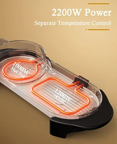 Vista 12 de Olla Caliente con Parrilla, Olla Caliente Eléctrica 2 en 1 Shabu Shabu Olla Caliente Barbacoa Coreana, Olla Caliente Desmontable 1200W / Bandeja
