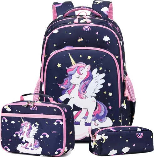 Vista 23 de Juego de mochila para niñas con diseño de unicornio, mochila escolar para niños, mochila para libros para niñas, set 3 en 1, regreso a clases