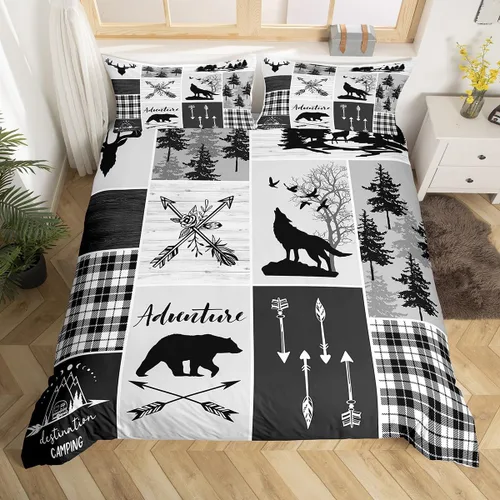 Vista 40 de Juego de funda de edredón para niños de ciervo, oso, lobo, tamaño individual, juego de ropa de cama de cabaña de aventura para niños, niñas