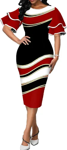 Vista 8 de Yiershu Elegante vestido de tubo para mujer, manga corta con volantes, cuello redondo, vestido de cóctel con cremallera