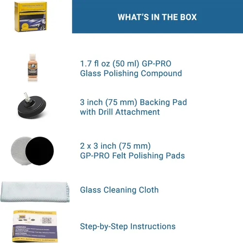 Vista 8 de Glass Polish DIY 3” (75mm) Kit de pulido para parabrisas para restauración de vidrio de auto, elimina daños por las escobillas, arañazos finos