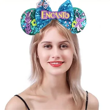 Vista 5 de Viwind Orejas de ratón para mujer, lentejuelas Encanto con purpurina, lazo y orejas de ratón para niñas, diadema de ratón, decoración de fiesta