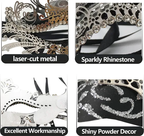 Vista 2 de Máscaras de metal para mujeres/hombres, máscara veneciana de Halloween, máscara de Mardi Gras Negro