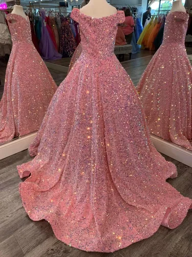 Vista 2 de Vestidos de lentejuelas con hombros descubiertos para boda, vestidos brillantes para concursos, vestido de baile, vestido de princesa para niños