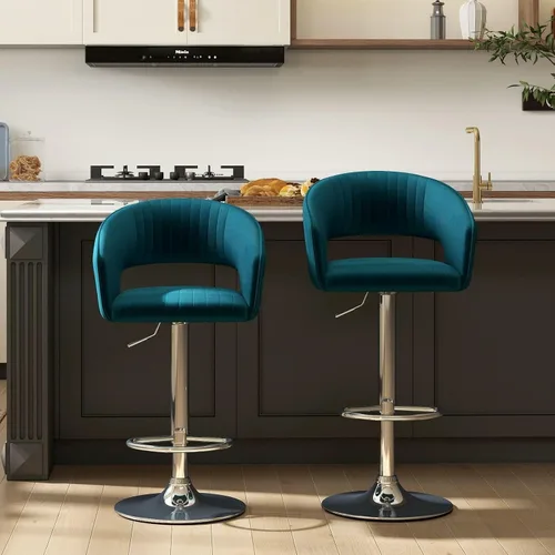 Vista 11 de Hyfirm Juego de 2 modernas sillas de bar de cocina con base cromada dorada, taburetes de bar giratorios ajustables con respaldo y reposapiés