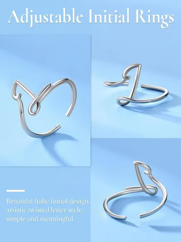 Vista 4 de SILVERCUTE Anillos con iniciales S925, tamaño ajustable 6-12, letra del alfabeto A-Z, joyería personalizada con iniciales trenzadas, anillos